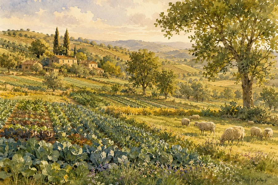 Illustration aquarelle d'une ferme régénérative européenne avec couverts végétaux, arbres fruitiers et moutons au pâturage