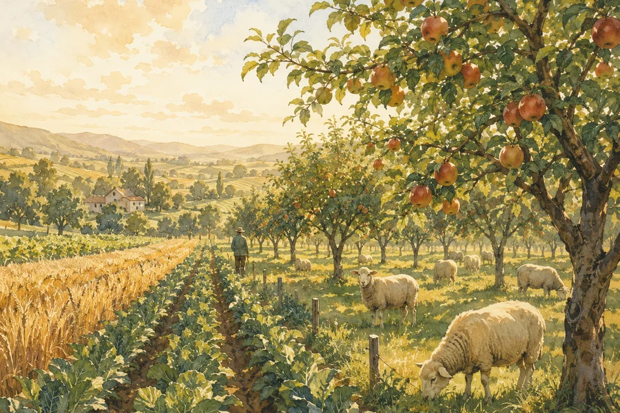 Jeunes agriculteurs européens échangeant autour d'une table en plein air avec des plantes, carnets et cartes de sol — illustration aquarelle
