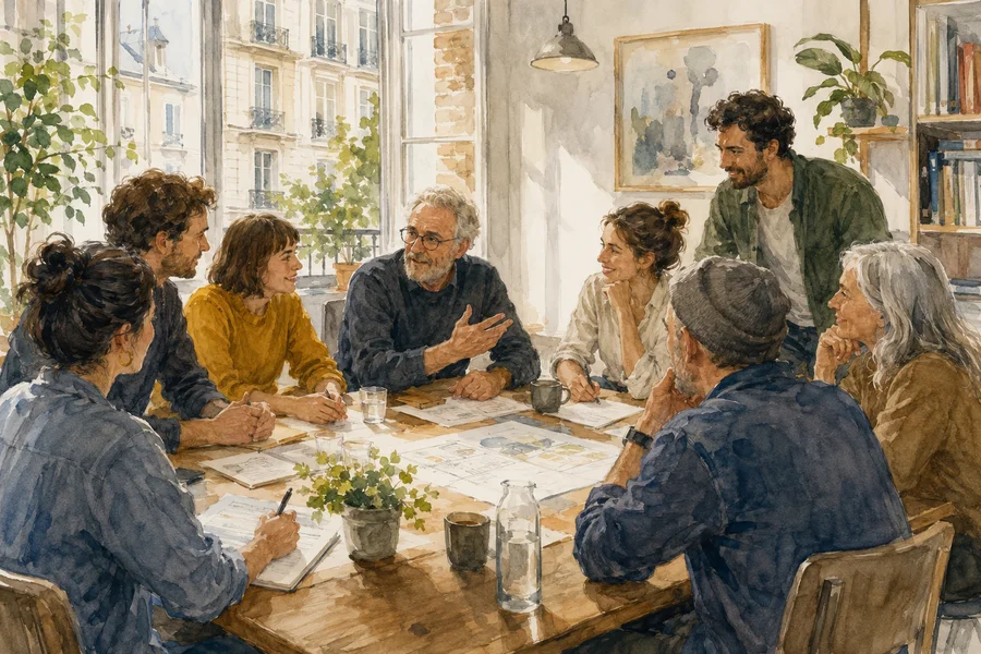 Illustration aquarelle de membres d'une coopérative en réunion, discutant ensemble de leurs décisions
