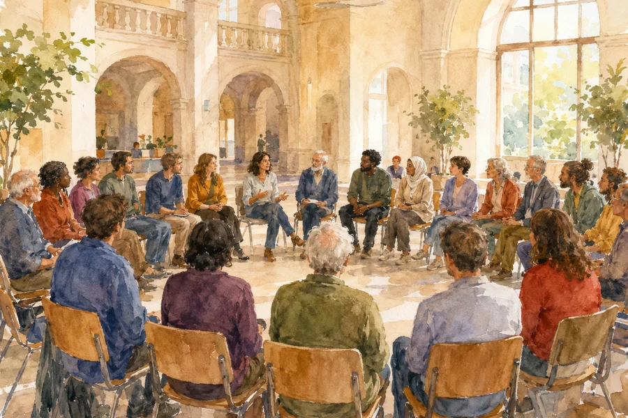 Illustration aquarelle d'une assemblée citoyenne irlandaise en délibération, citoyens ordinaires de tous âges en cercle