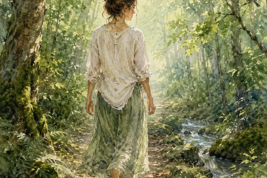 Illustration aquarelle d'une promenade en forêt européenne, lumière matinale filtrée par les feuilles
