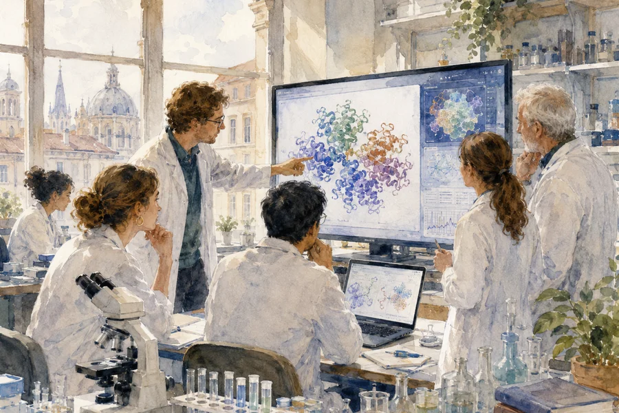 Illustration aquarelle de chercheurs collaborant dans un laboratoire universitaire européen ouvert