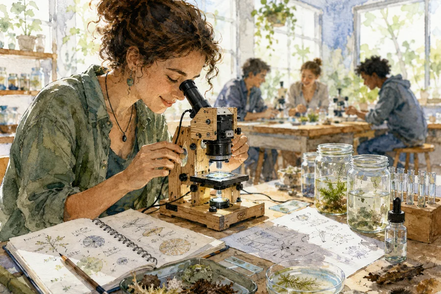 Microscope open-source sur une paillasse universitaire entourée de carnets ouverts, échantillons végétaux et lumière naturelle d'une fenêtre — illustration aquarelle