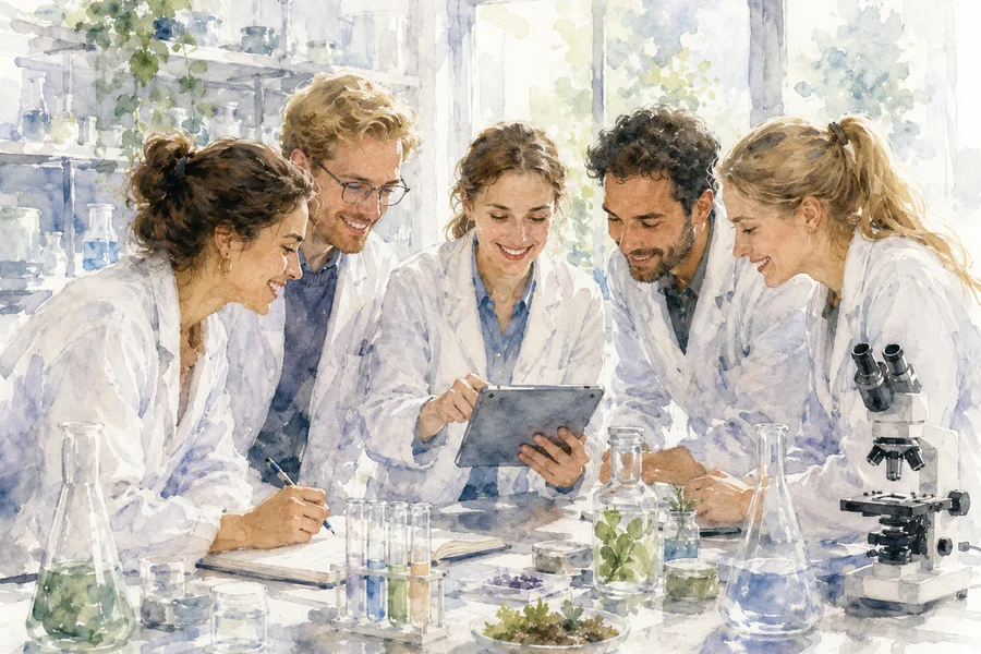 Équipe diverse de jeunes scientifiques rassemblés autour d'un écran commun affichant des structures protéiques, atmosphère collaborative et joyeuse dans un laboratoire lumineux — illustration aquarelle