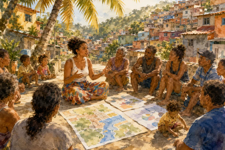 Illustration aquarelle d'une assemblée de quartier à Porto Alegre, habitants assis en cercle autour de cartes, une femme s'exprime devant le groupe