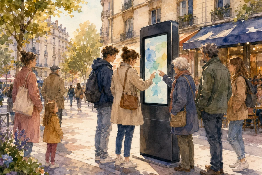 Illustration aquarelle d'un kiosque numérique dans une rue européenne invitant les passants à voter sur les priorités budgétaires locales