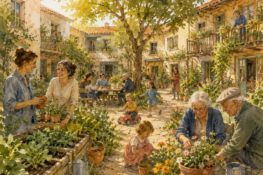 Illustration aquarelle d'une cour de cohabitat partagée, voisins de tous âges jardinant ensemble