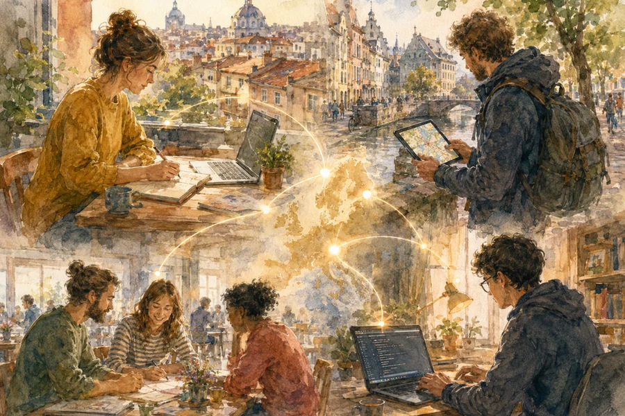 Illustration aquarelle de contributeurs numériques connectés à travers l'Europe, partageant savoirs et code