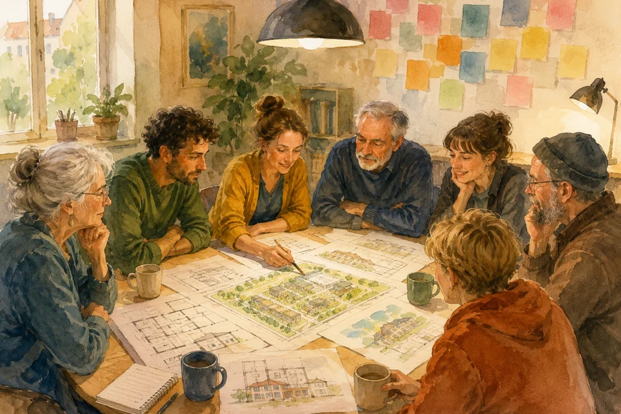 Réunion du conseil de quartier du CLT Brussels, membres de la communauté et architecte discutant de plans de logement autour d'une table ronde