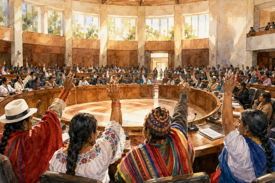 Assemblée constituante de Montecristi 2008, délégués indigènes en tenue traditionnelle lors du vote historique