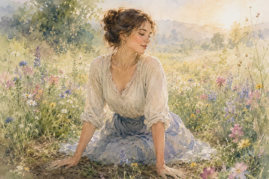 Illustration aquarelle d'une jeune femme assise dans un pré, mains dans la terre, passant de l'inquiétude à l'apaisement