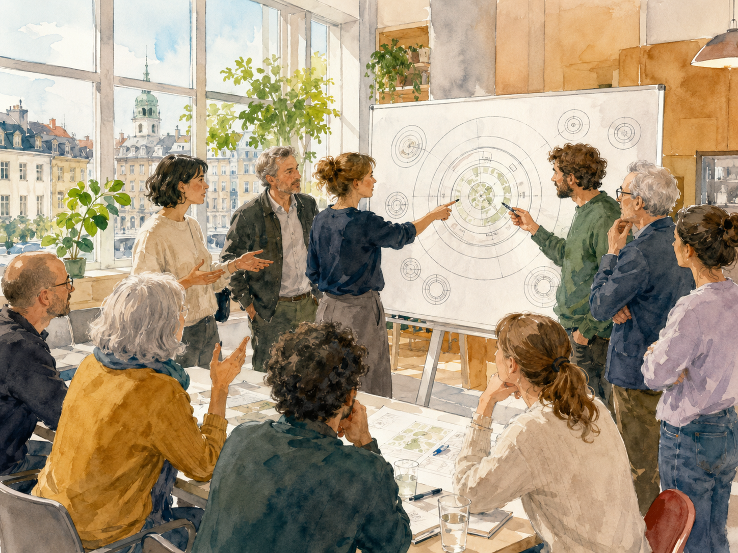 Groupe de planificateurs urbains européens autour d'un tableau blanc avec un diagramme du donut dessiné à la main, discussion animée dans une salle de réunion moderne, style aquarelle douce