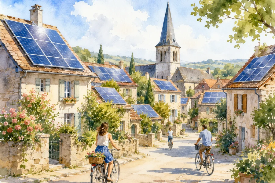 Illustration aquarelle d'un village européen couvert de panneaux solaires, clocher et résidents à vélo