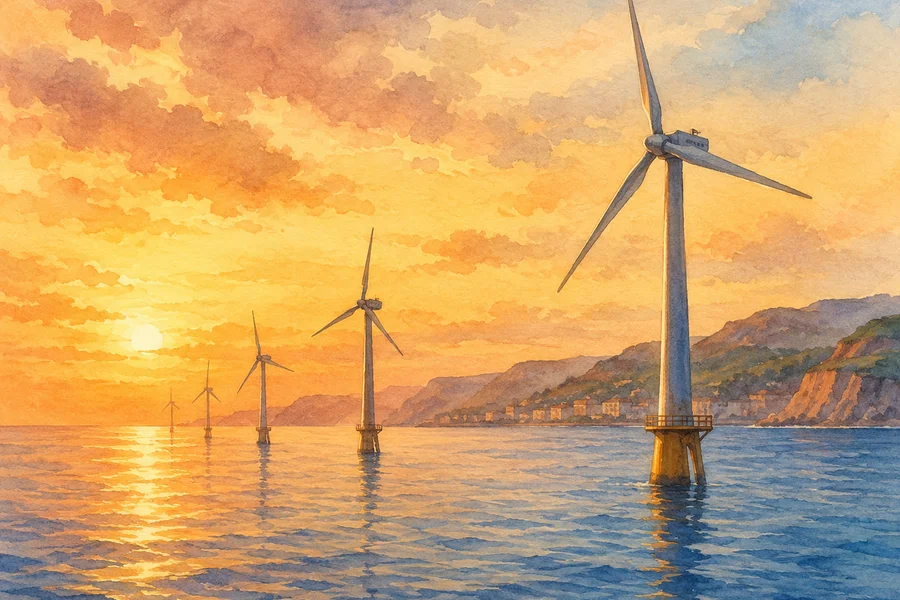 Parc éolien offshore à l'heure dorée au large des côtes européennes, turbines reflétées dans une mer calme, petit bateau de maintenance au premier plan — illustration aquarelle