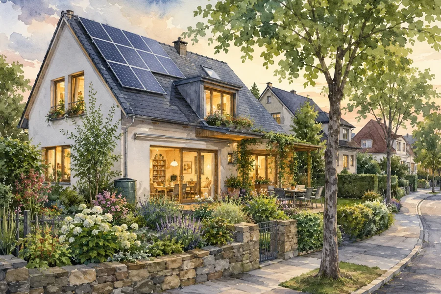 Maison européenne avec panneaux solaires sur le toit, petit jardin en fleurs, journée ensoleillée, atmosphère sereine et domestique — illustration aquarelle