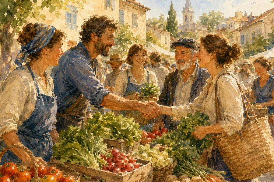 Illustration aquarelle d'un marché coopératif de l'économie sociale, agriculteurs et travailleurs échangeant leurs produits