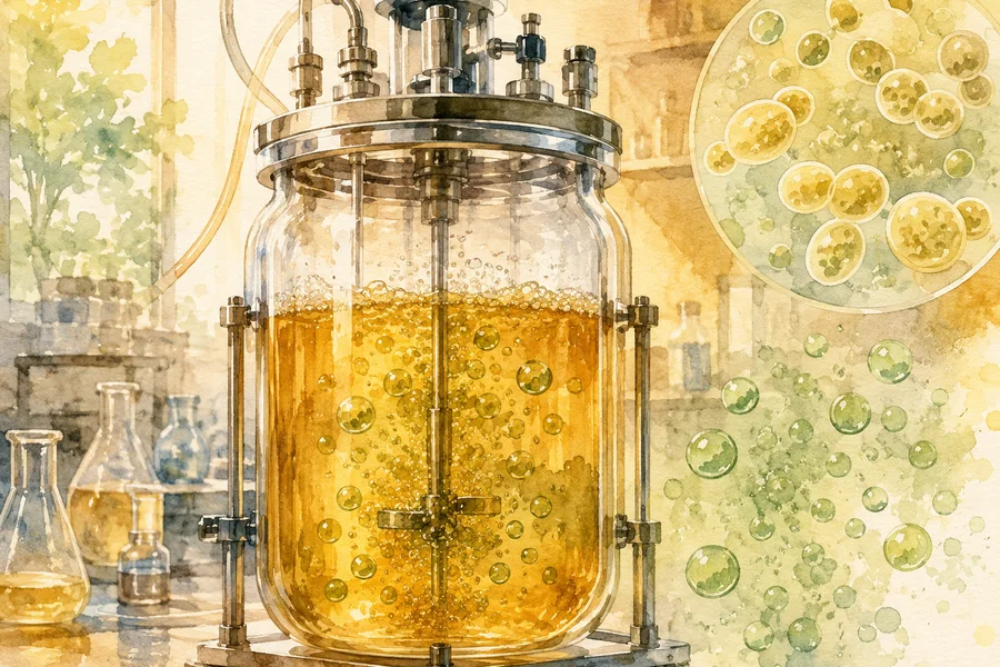 Illustration aquarelle d'un laboratoire de biotechnologie européen, lumière naturelle, cuves de fermentation en verre, deux chercheurs en blouse blanche au travail, palette de verts et d'ambrés, atmosphère sereine et scientifique