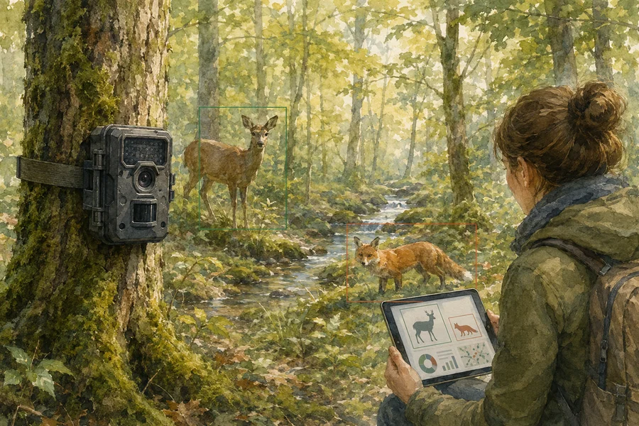 Illustration aquarelle d'une caméra de surveillance faunique dans une forêt européenne, capturant un cerf et un renard