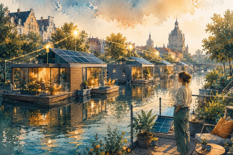 Illustration aquarelle d'un quartier flottant européen avec panneaux solaires sur des maisons sur pontons, fines lignes lumineuses reliant les toits, canal calme en lumière naturelle, palette ambre et teal, style contemporain