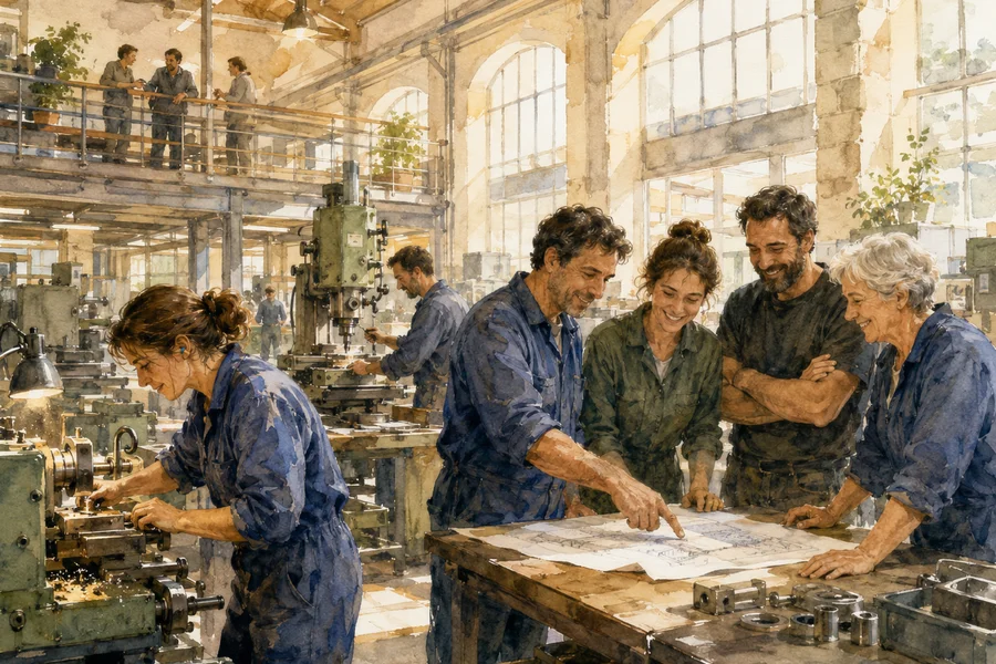 Illustration aquarelle de travailleurs-propriétaires basques sur le plancher d'une usine coopérative