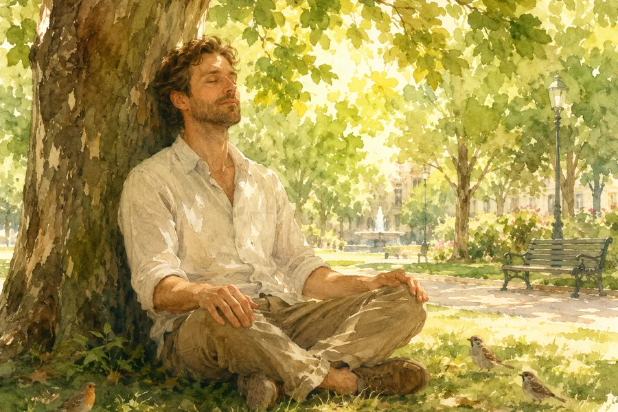 Homme européen assis au pied d'un arbre dans un parc, yeux fermés, calme intérieur, lumière filtrée à travers les feuilles, illustration aquarelle