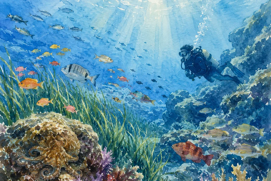 Illustration aquarelle d'une réserve marine méditerranéenne en pleine régénération, poissons et herbiers marins