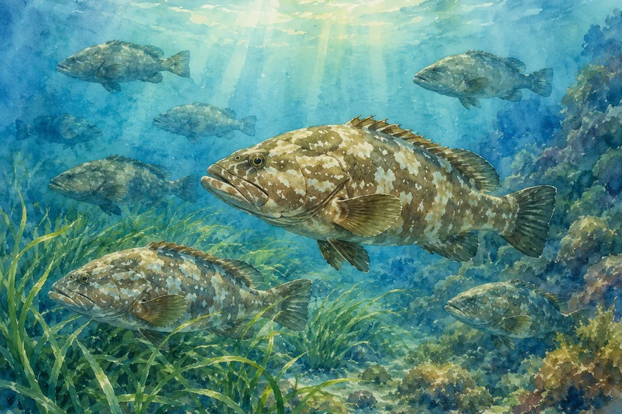 Banc dense de poissons méditerranéens (mérous, sars) nageant au-dessus d'un fond rocheux dans une réserve marine française, lumière filtrée depuis la surface — illustration aquarelle