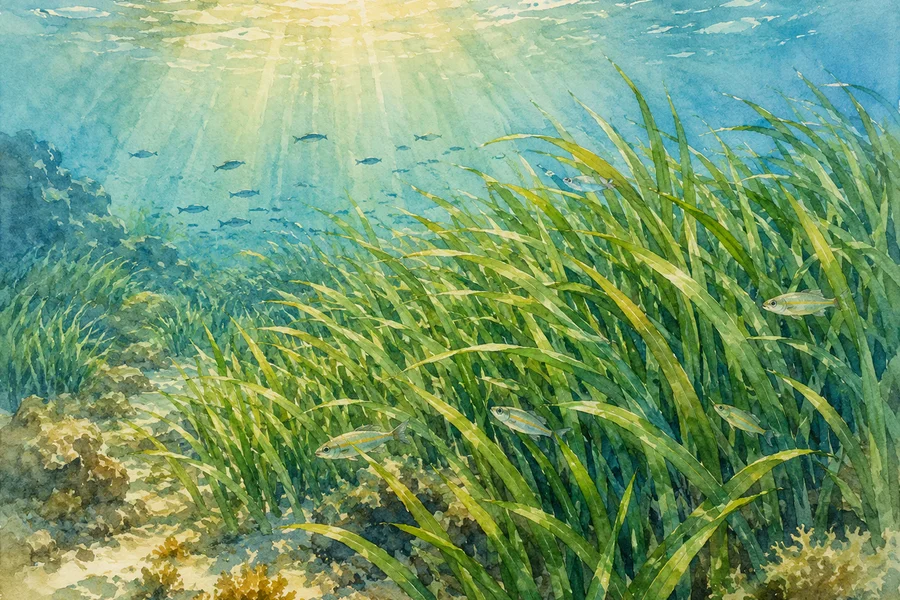 Prairie d'herbiers de Posidonie en Méditerranée, rayons de lumière filtrant à travers l'eau claire, petits poissons se faufilant entre les herbes — illustration aquarelle