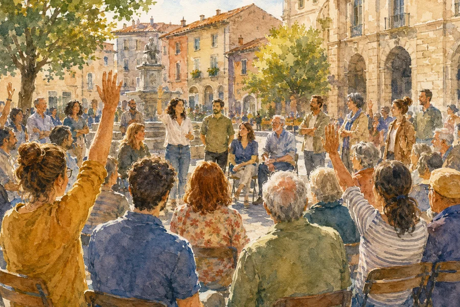 Illustration aquarelle de citoyens européens rassemblés en assemblée de budget participatif, votant sur des projets locaux