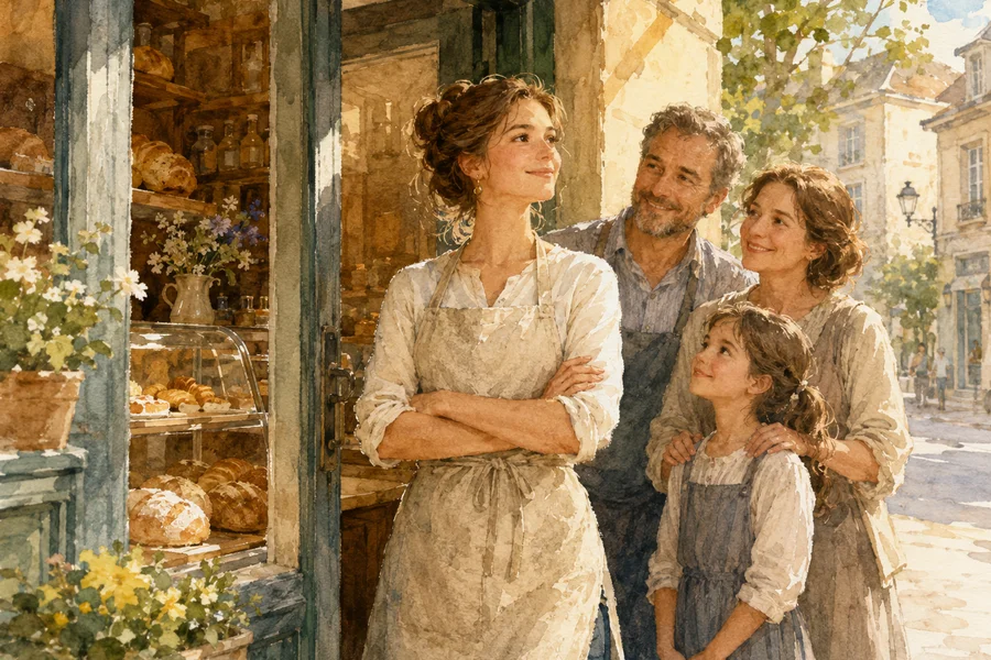 Illustration aquarelle d'une jeune femme européenne ouvrant sa propre boulangerie de quartier, sens de la dignité et du nouveau départ