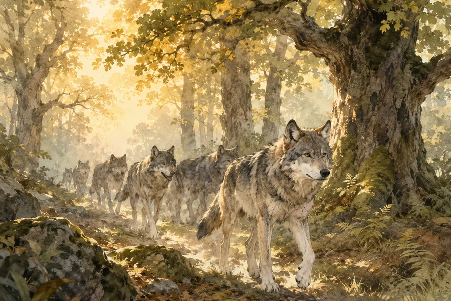 Meute de loups gris traversant une forêt de chênes européenne dans la brume matinale — illustration aquarelle