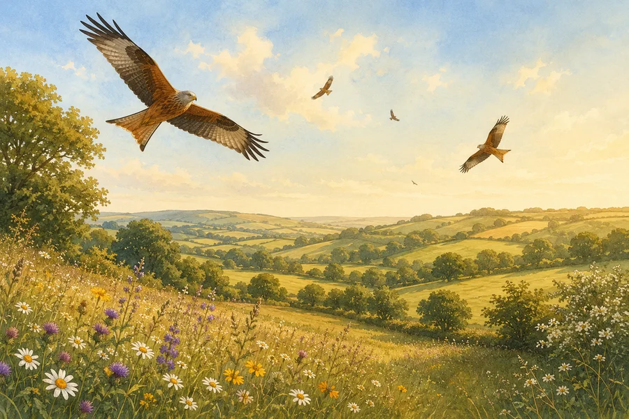 Milan royal planant au-dessus de prairies anglaises en cours de réensauvagement, fleurs sauvages et haies vives — illustration aquarelle