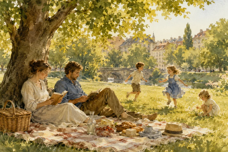 Illustration aquarelle d'une famille européenne profitant d'un après-midi de repos dans un parc, enfants libres et parents détendus