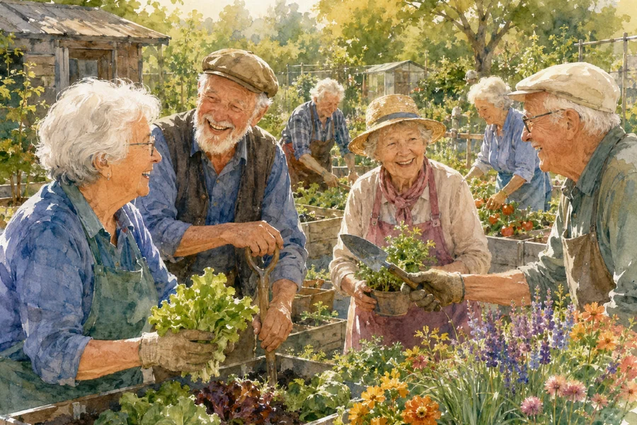 Illustration aquarelle de personnes âgées jardinant ensemble dans un potager communautaire, rires et entraide
