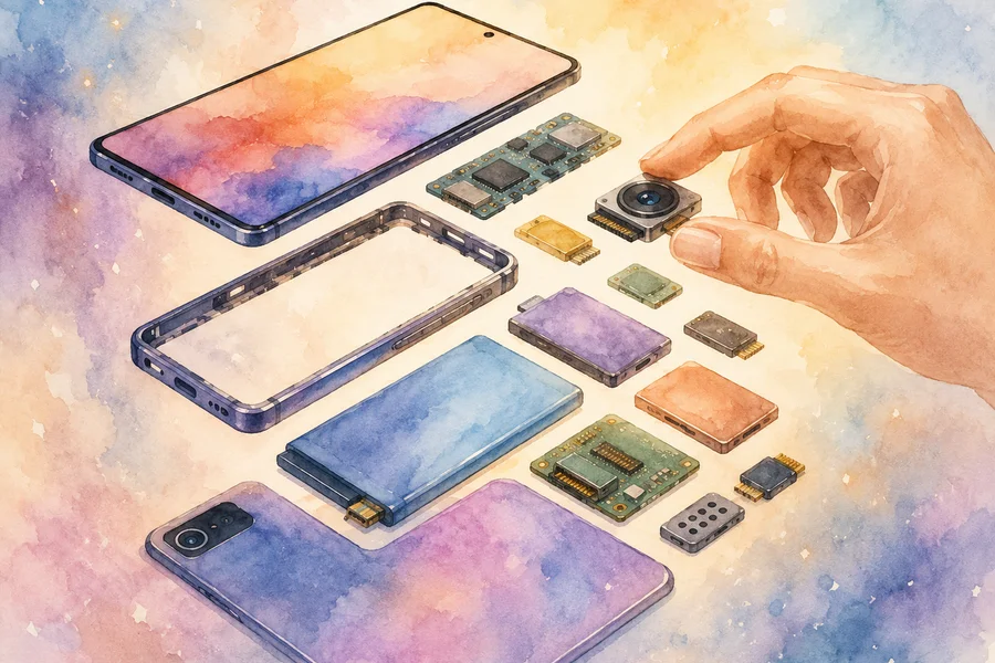 Un smartphone modulaire décomposé en pièces détachées colorées flottant dans un espace aquarelle lumineux, chaque module distinct et accessible, tons chauds et sereins