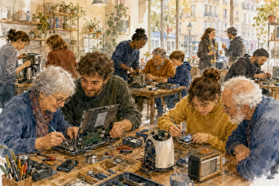 Un atelier communautaire de réparation en Europe, plusieurs personnes autour de tables en bois réparant des appareils électroniques ensemble, lumière chaleureuse et douce, illustration à l'aquarelle
