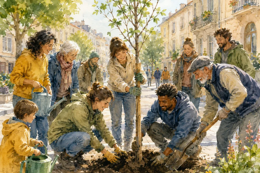 Illustration aquarelle de travailleurs et bénévoles qui plantent des arbres dans une rue urbaine