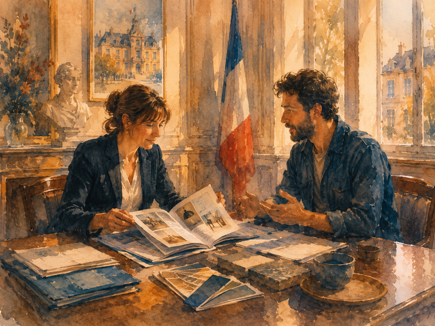 Illustration aquarelle d'une réunion d'achat public dans une mairie française, un élu et des agents en discussion avec un artisan local présentant ses produits, documents de marché sur la table, lumière naturelle, atmosphère civique et constructive