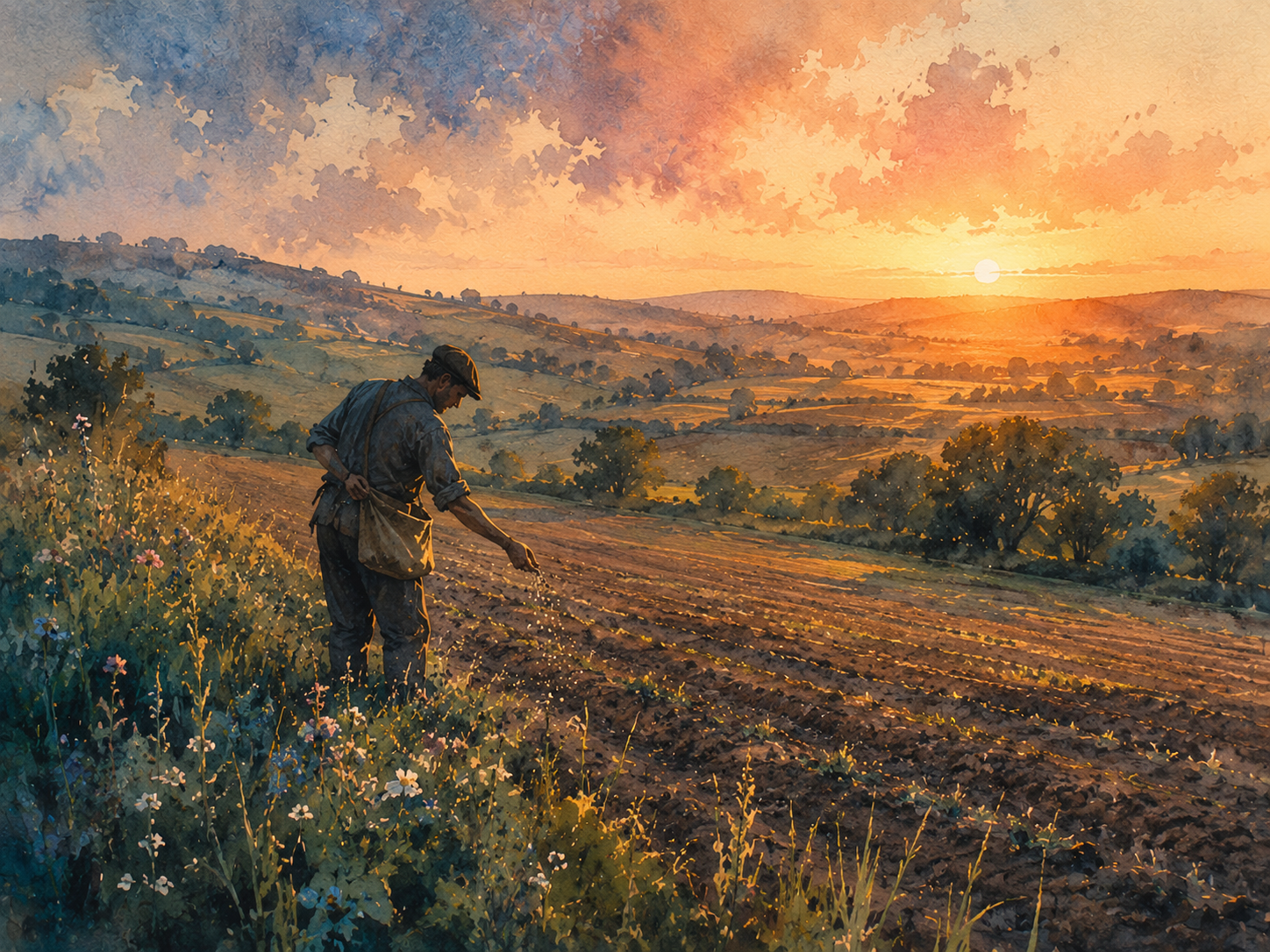 Illustration aquarelle d'un agriculteur français semant un couvert végétal dans un champ à la lumière de fin d'après-midi, fleurs sauvages en bordure, vers de terre visibles dans la terre ouverte au premier plan, collines douces en arrière-plan