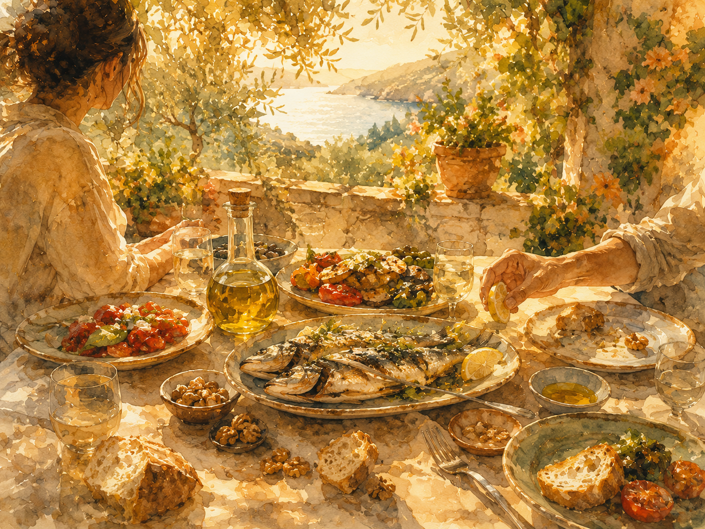 Illustration aquarelle d'une table méditerranéenne avec huile d'olive, tomates cerises, légumes rôtis, noix et poissons grillés, lumière de terrasse estivale, palette chaude et généreuse