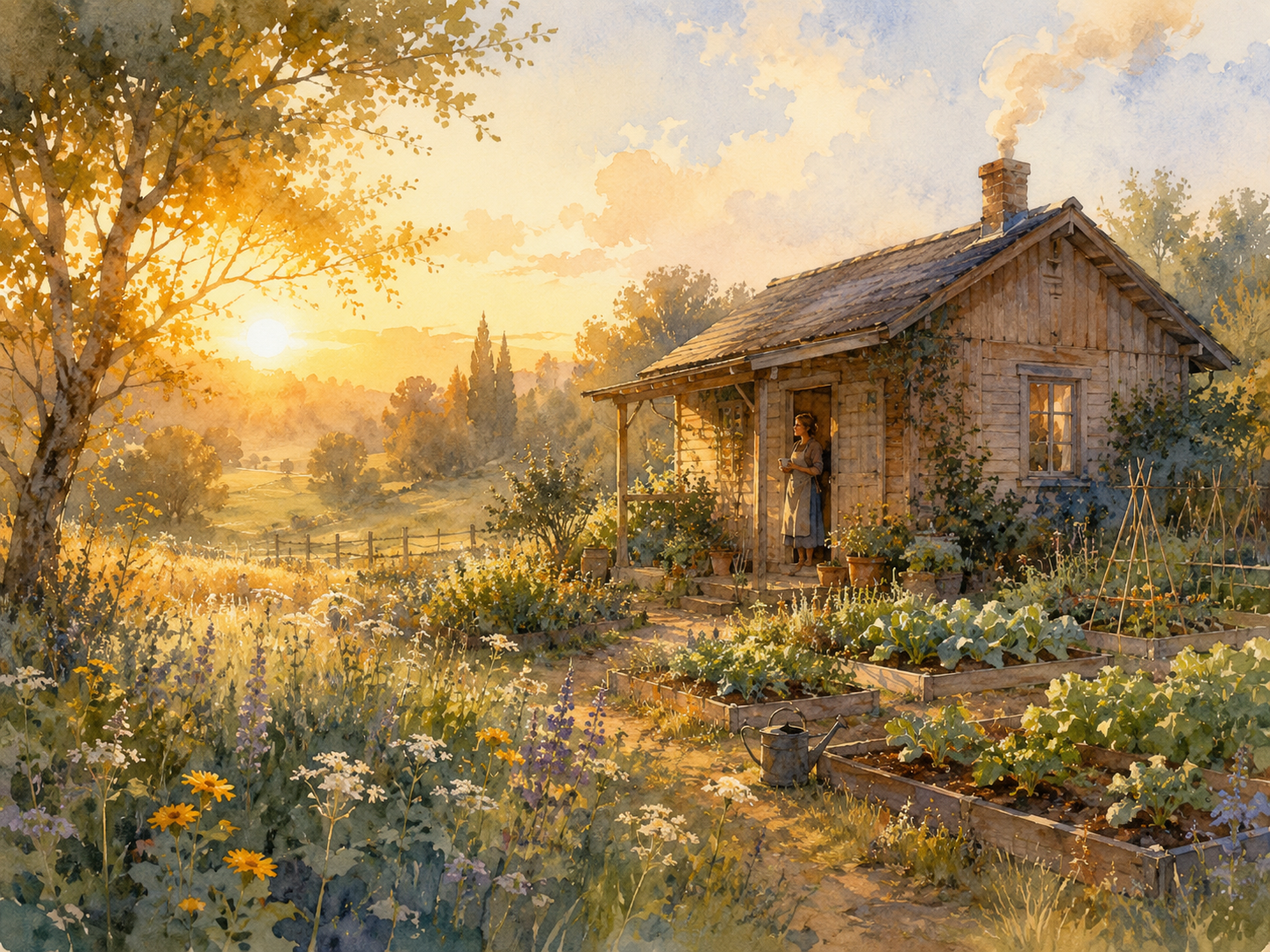 Illustration aquarelle d'une tiny house en bois sur une prairie fleurie avec potager autour, fumée légère d'un poêle, lumière matinale dorée, atmosphère douce et autonome