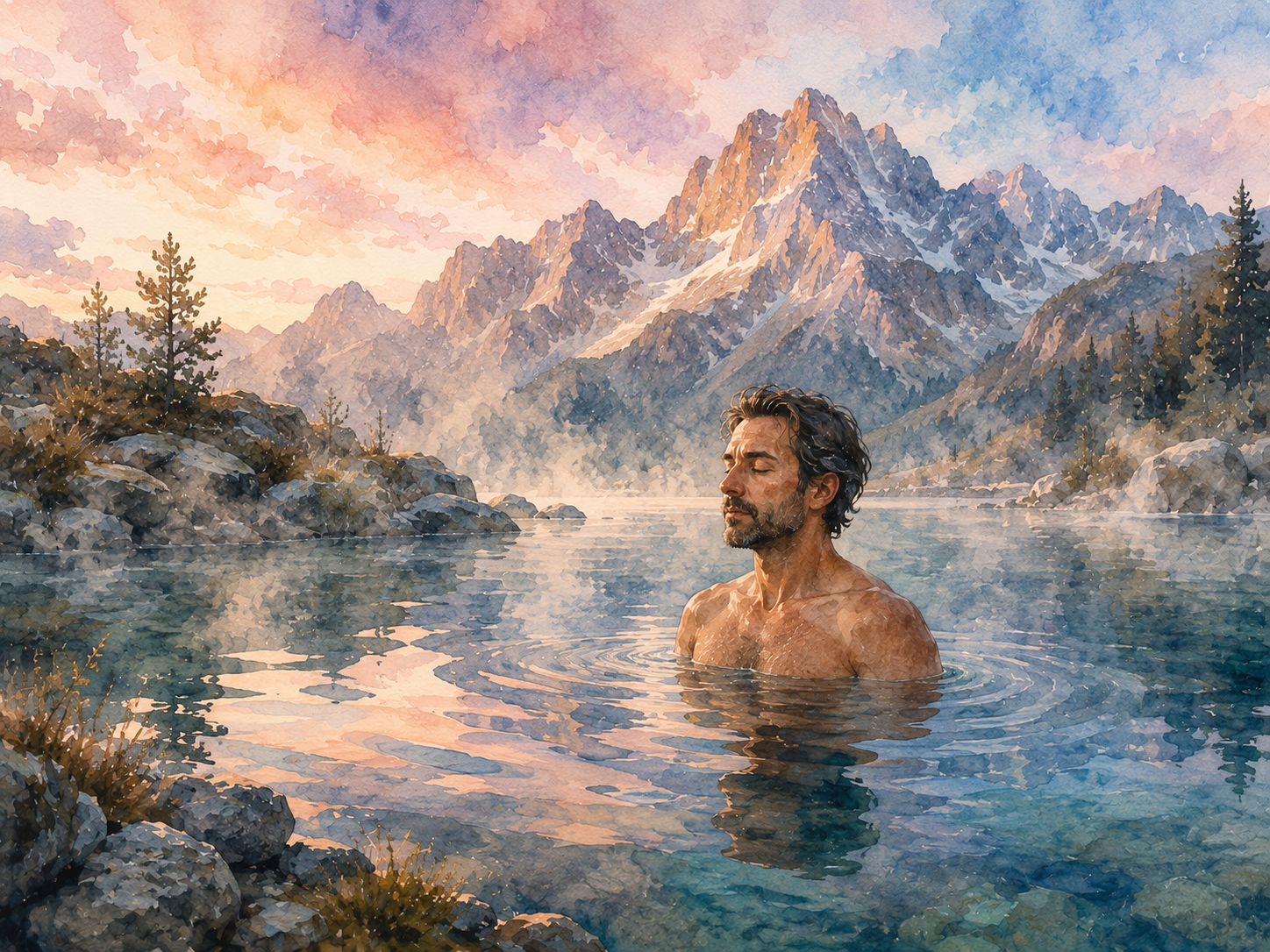 Illustration aquarelle d'une personne se baignant dans un lac de montagne à l'aube, vapeur légère sur l'eau froide, lumière rose et bleue, expression de concentration calme