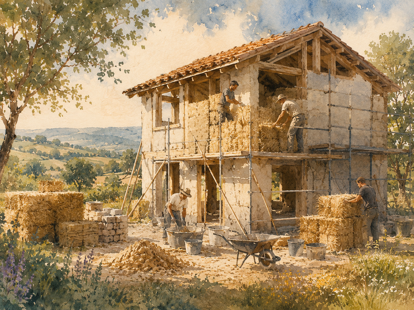 Illustration aquarelle d'une maison en construction biosourcée dans la campagne française, ouvriers posant des bottes de paille dorée et des blocs de chanvre-chaux pâle, lumière chaude d'après-midi, paysage vert en arrière-plan, matériaux naturels au premier plan