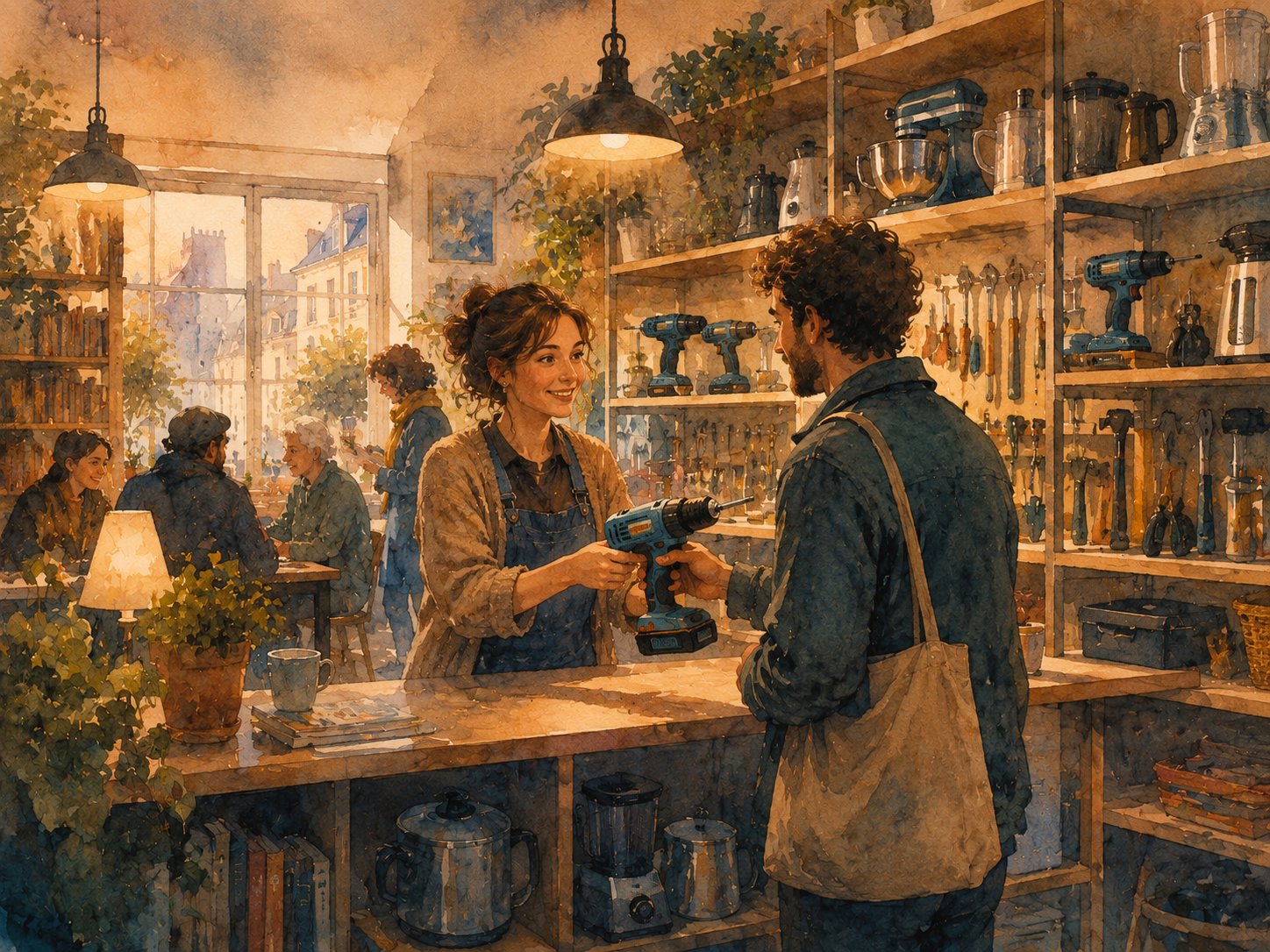 Illustration aquarelle d'une bibliothèque d'objets dans un local associatif français, étagères d'outils et d'appareils bien rangés, une personne emprunte une perceuse à un bénévole au comptoir, lumière chaude et ambiance de quartier conviviale
