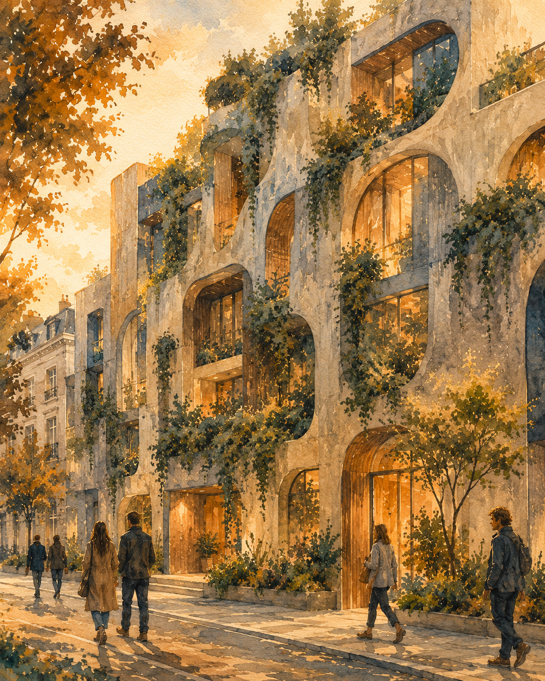Illustration aquarelle d'une façade architecturale aux panneaux organiques inspirés du vivant, intégrant des plantes grimpantes et des ouvertures gestuelles, lumière d'après-midi, présence humaine au sol, ambiance calme et innovante