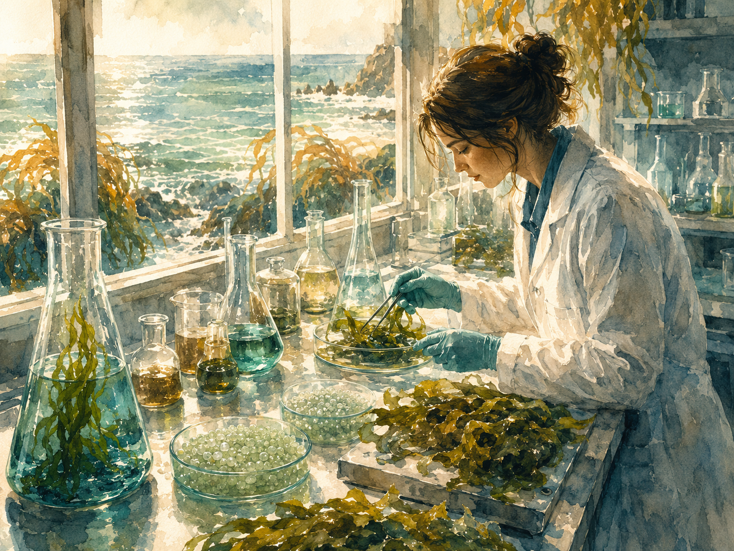 Illustration aquarelle d'un plan de travail de laboratoire côtier avec des algues vertes fraîches, des flacons de biopolymères et des granulés translucides, lumière de mer en fond, palette teal et naturelle