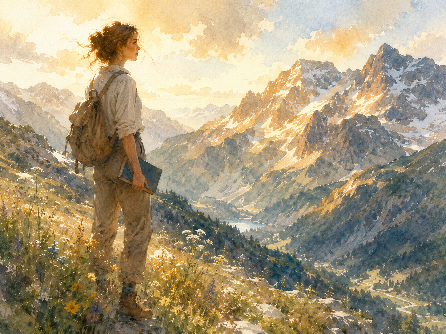 Illustration aquarelle d'une jeune femme d'environ 25 ans debout face à un paysage alpin, tenant un livre, lumière dorée de montagne, herbes et neige lointaine en arrière-plan, posture résolue