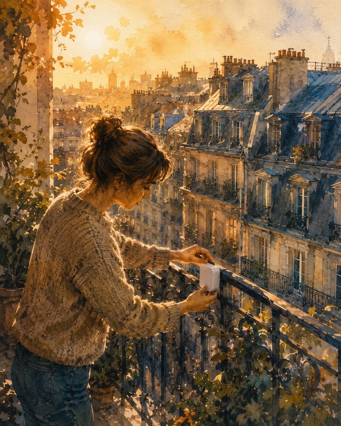 Illustration aquarelle d'une personne installant un petit capteur blanc sur un balcon parisien, immeubles haussmanniens en arrière-plan, ciel gris-bleu, détail technique discret et soigné