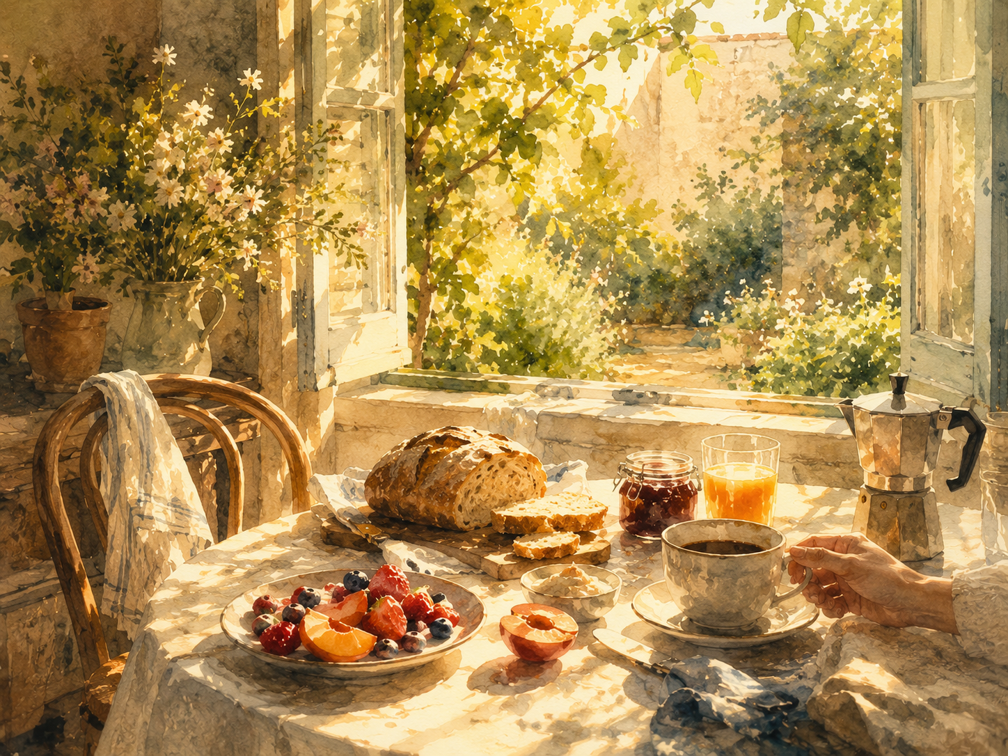 Illustration aquarelle d'une table de petit-déjeuner ensoleillée avec fruits frais et café, fenêtre ouverte sur un jardin européen, lumière matinale dorée, ambiance douce et rituelle