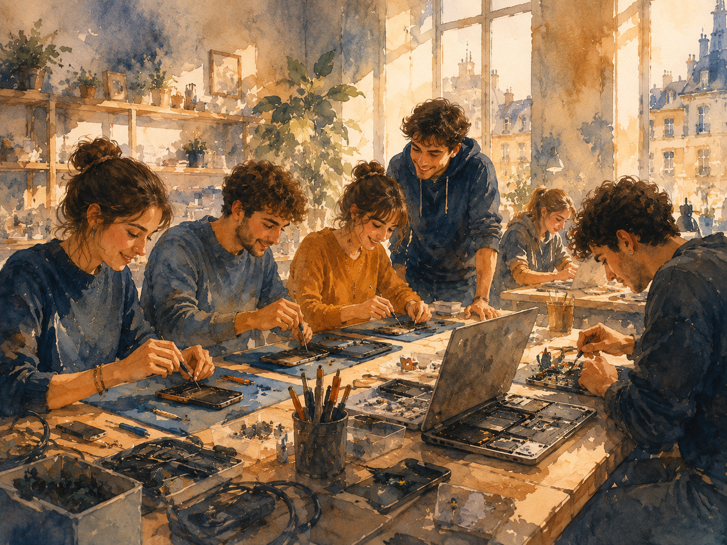 Illustration aquarelle d'une équipe de jeunes techniciens dans un atelier lumineux de Strasbourg, reconditionnant des smartphones et des ordinateurs portables sur un établi, lumière ambrée, outils et circuits comme éléments visuels, atmosphère coopérative et engagée